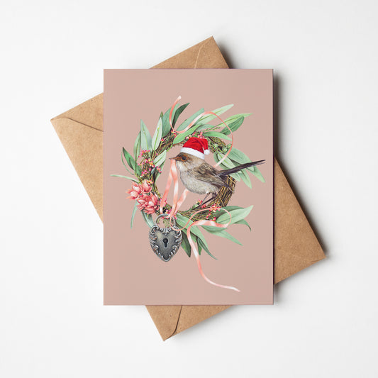 Christmas Wren/beige Greeting Card