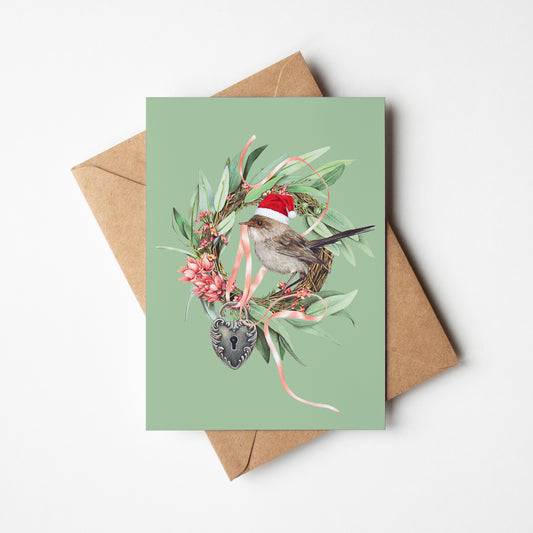 Christmas Wren/green Greeting Card